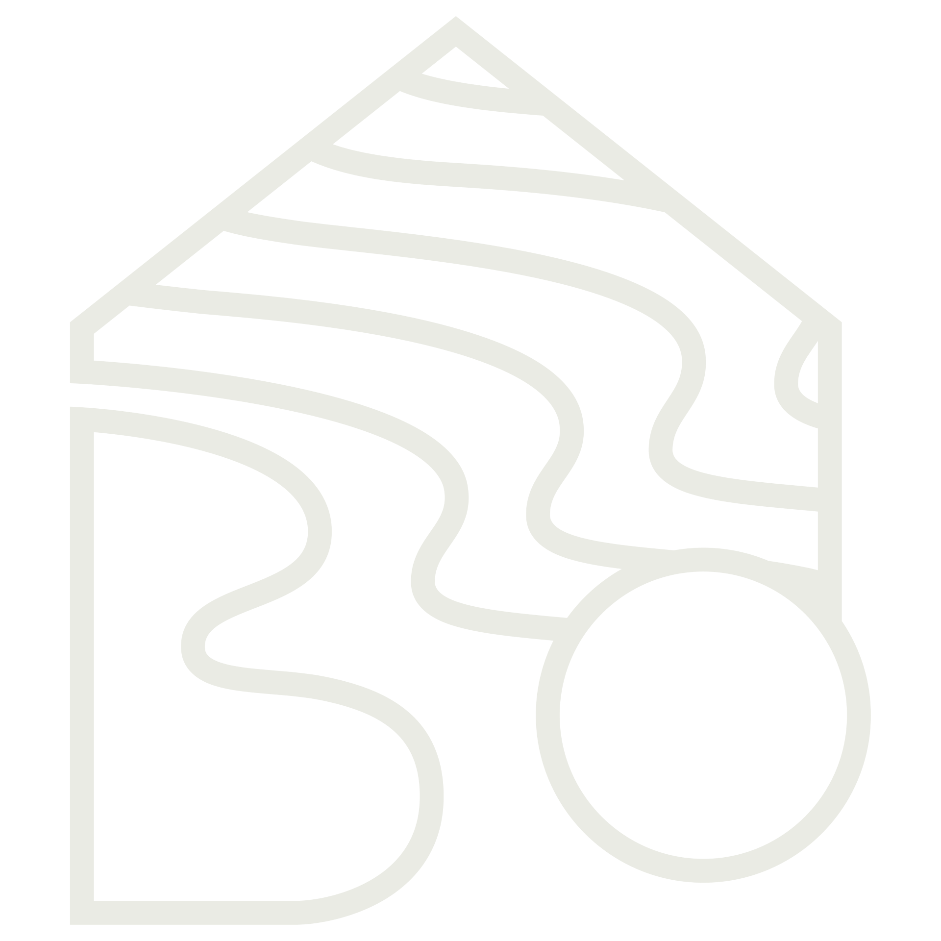 A white line drawing of a house with a wavy roof and a circular window.